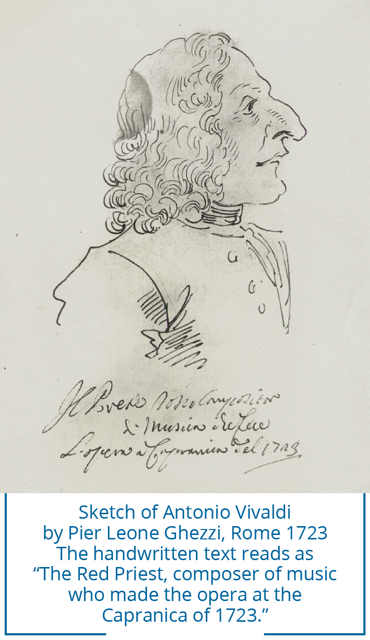 Sketch of Antonio Vivaldi  by Pier Leone Ghezzi, Rome 1723 The handwritten text reads as  “The Red Priest, composer of music who made the opera at the  Capranica of 1723.”